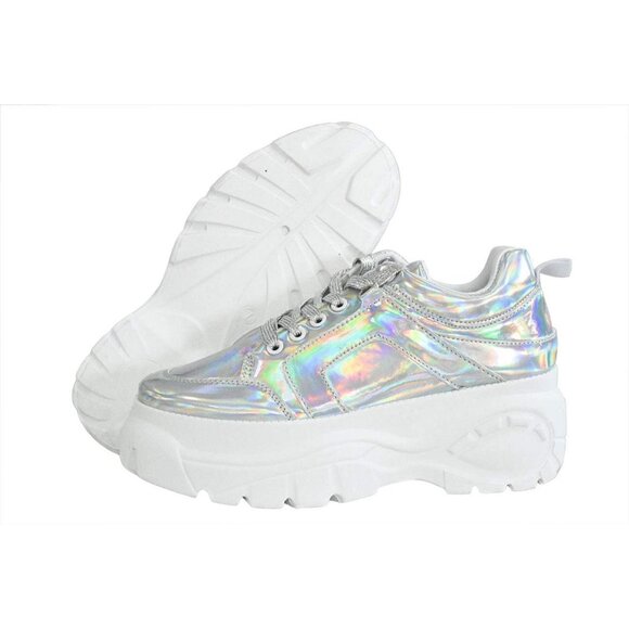 Lucky Step Women's Hologram Silver Platform Dad Casual Lace Up Walking Sneakers - Picture 3 of 9